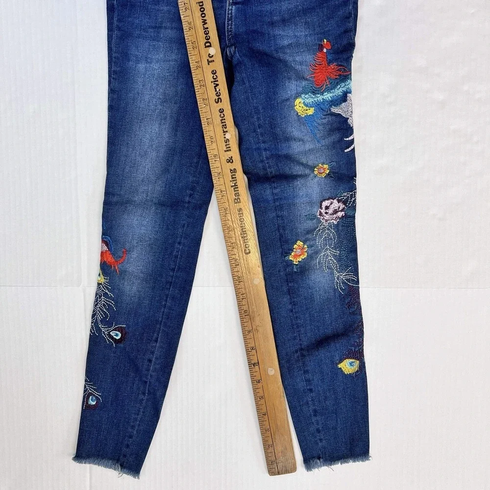Free People Embroidered Peacock‎ Floral Skinny Jeans Blue Raw Hem Size 24 Boho